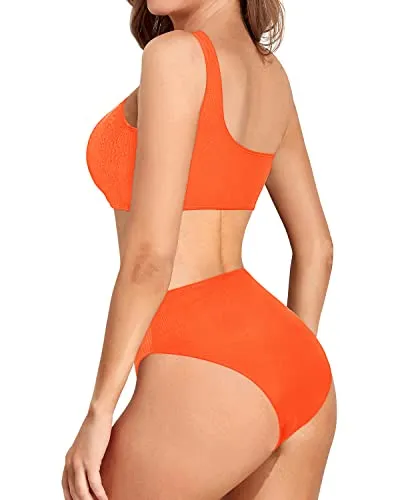 2 Piece One Shoulder High Waisted Bikini Set For Women-Neon Orange