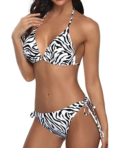 Alluring Two Piece Halter Top Removable Push Up Pads Triangle Bikini-Zebra Pattern
