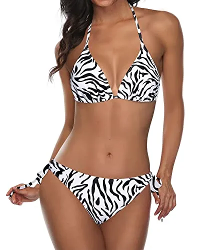 Alluring Two Piece Halter Top Removable Push Up Pads Triangle Bikini-Zebra Pattern