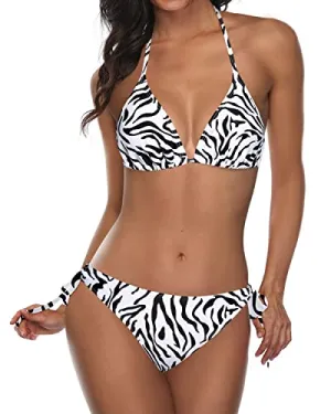 Alluring Two Piece Halter Top Removable Push Up Pads Triangle Bikini-Zebra Pattern