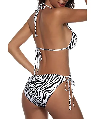 Alluring Two Piece Halter Top Removable Push Up Pads Triangle Bikini-Zebra Pattern