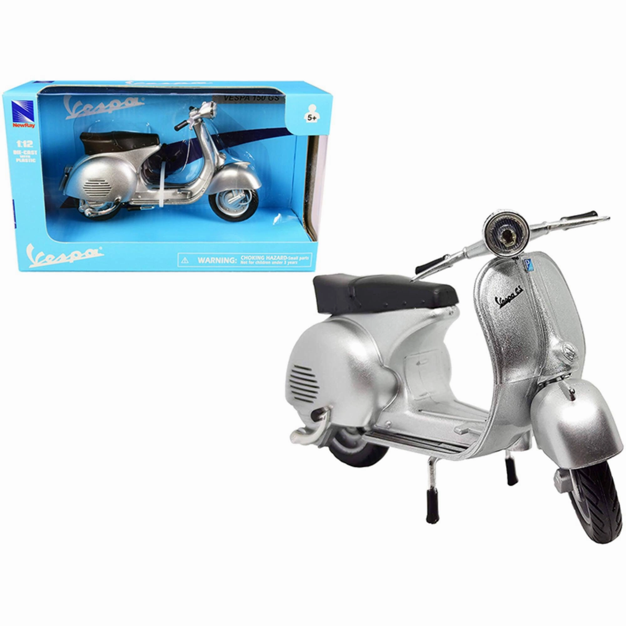 New Ray 1/12 Diecast Model Vespa Motorcycle - 150 GS Silver Metallic Rubber Tires