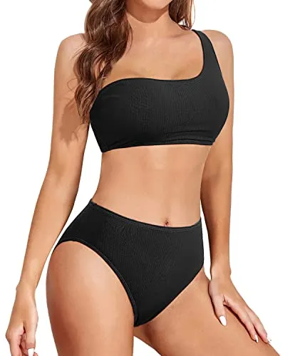 Women's One Shoulder High Waisted High Cut Bikini Set-Black