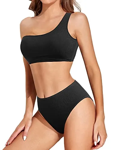Women's One Shoulder High Waisted High Cut Bikini Set-Black